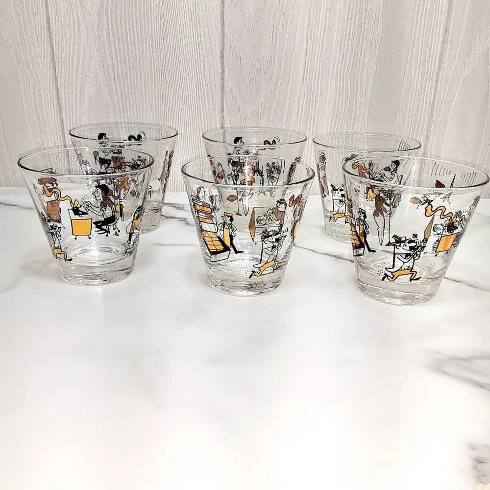Mid Century modern Double drinking  Glasses  Set of 5 Pressroom Characters